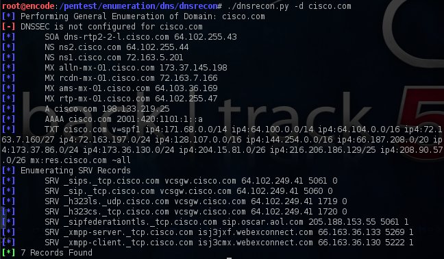 DNS Enumeration with dnsrecon.py on cisco.com