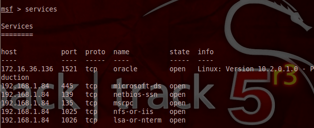 List Services - Metasploit Database