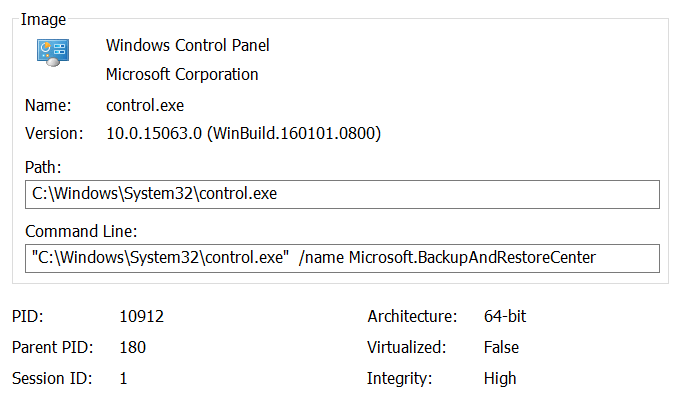 sdclt - Control Panel starts as High Integrity Process