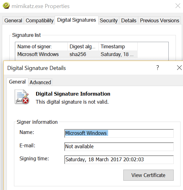 Signed Mimikatz - Invalid Signature